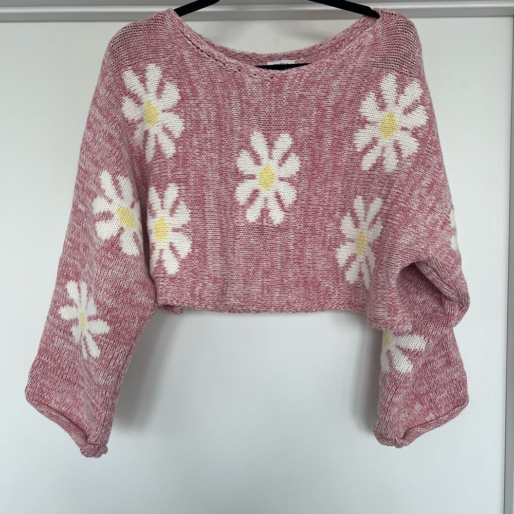 Pink Daisy Knit Cropped Sweater